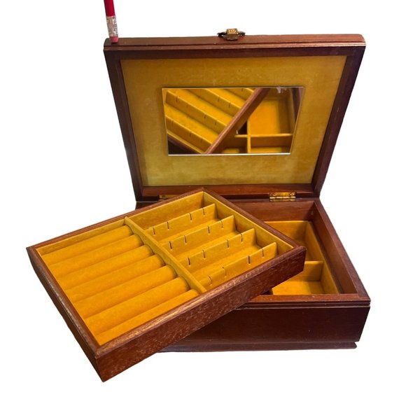 Vtg Wooden Jewelry Box Tapestry Top Yellow Velvet Lining Tray Mirror - Picture 2 of 10